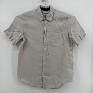 Panama Jack Button Up Mens M Beige Solid 100% Linen Short Sleeve Chest Pocket